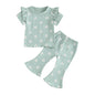 Toddler Kids Girl 2Pcs Summer Outfit Ruffle Short Sleeve Floral Flowers Print Top + Bell Bottom Pants Set Clothes