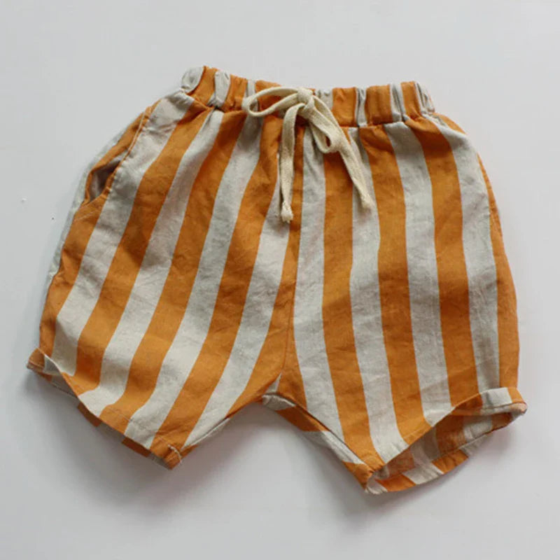 Baby Toddler Kids Summer Vintage Linen Cotton Shorts Stripes Casual Pocket Design