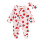 Baby Girls 2Pcs Long Sleeve Strawberry Flower Butterfly Print Frills Zipper Footies Jumpsuit and Headband Romper Set