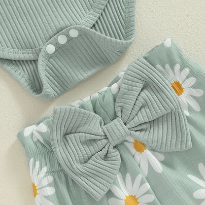 Baby Girls 3Pcs Little Sister Fall Outfit Letter Print Long Sleeve Romper with Daisy Flower Pattern Pants and Headband Set