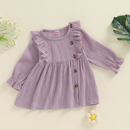 Baby Toddler Girls Autumn A-line Princess Poof Long Sleeve Crewneck Solid Color Button Dress