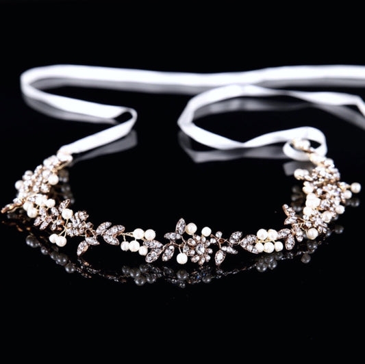 "Kelly" - Vintage Gold Pearl and Crystal Bridal Headband