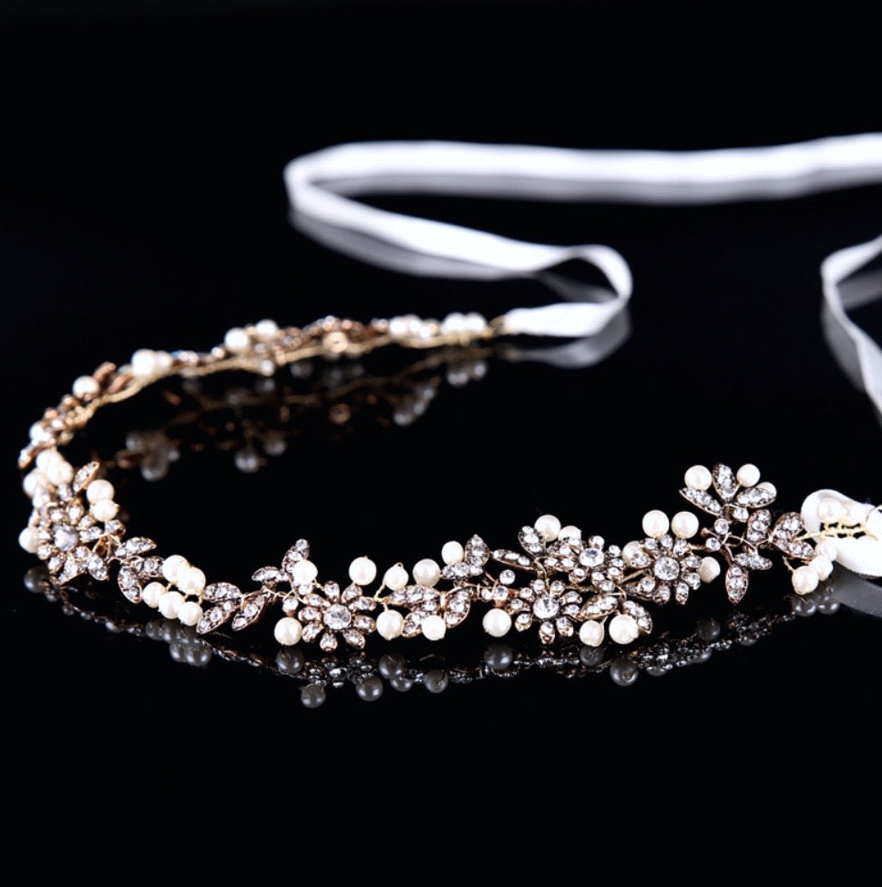 "Kelly" - Vintage Gold Pearl and Crystal Bridal Headband