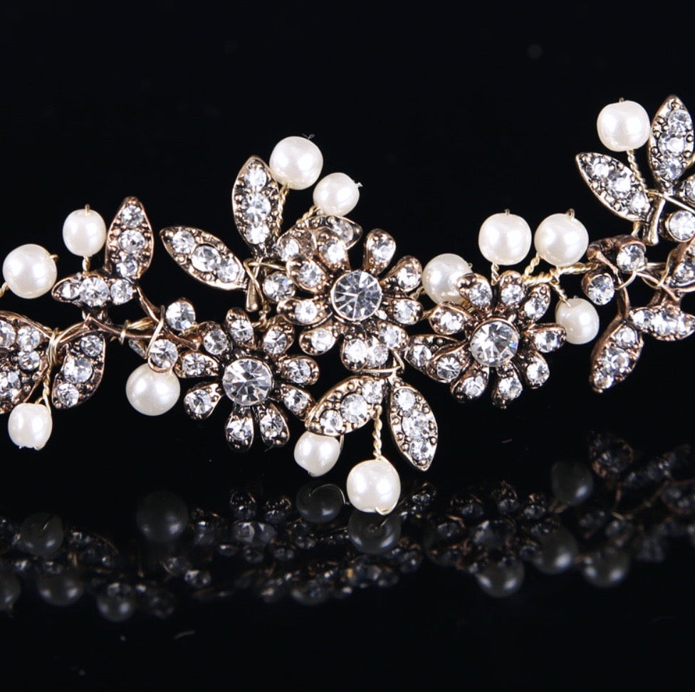 "Kelly" - Vintage Gold Pearl and Crystal Bridal Headband