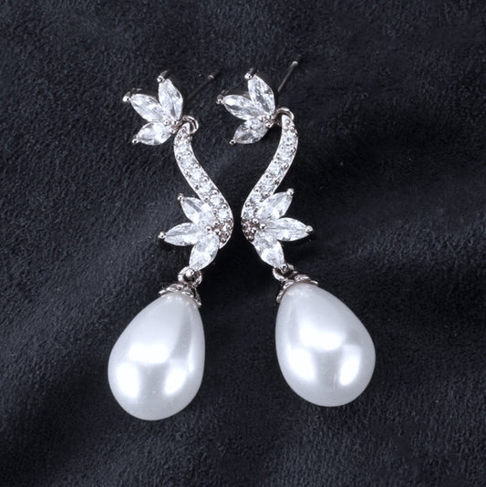 Serena - Pearl and Cubic Zirconia Bridal Earrings