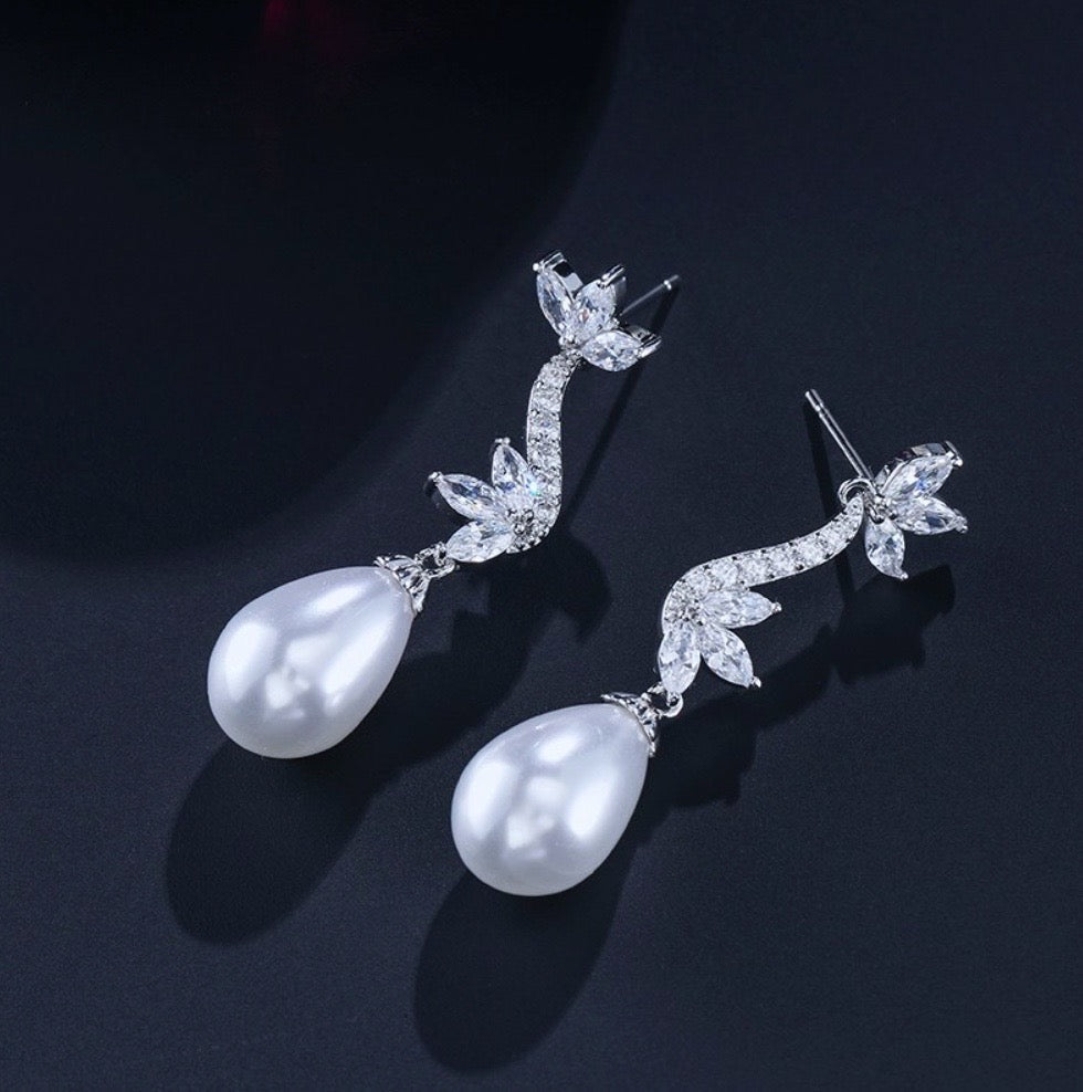 Serena - Pearl and Cubic Zirconia Bridal Earrings