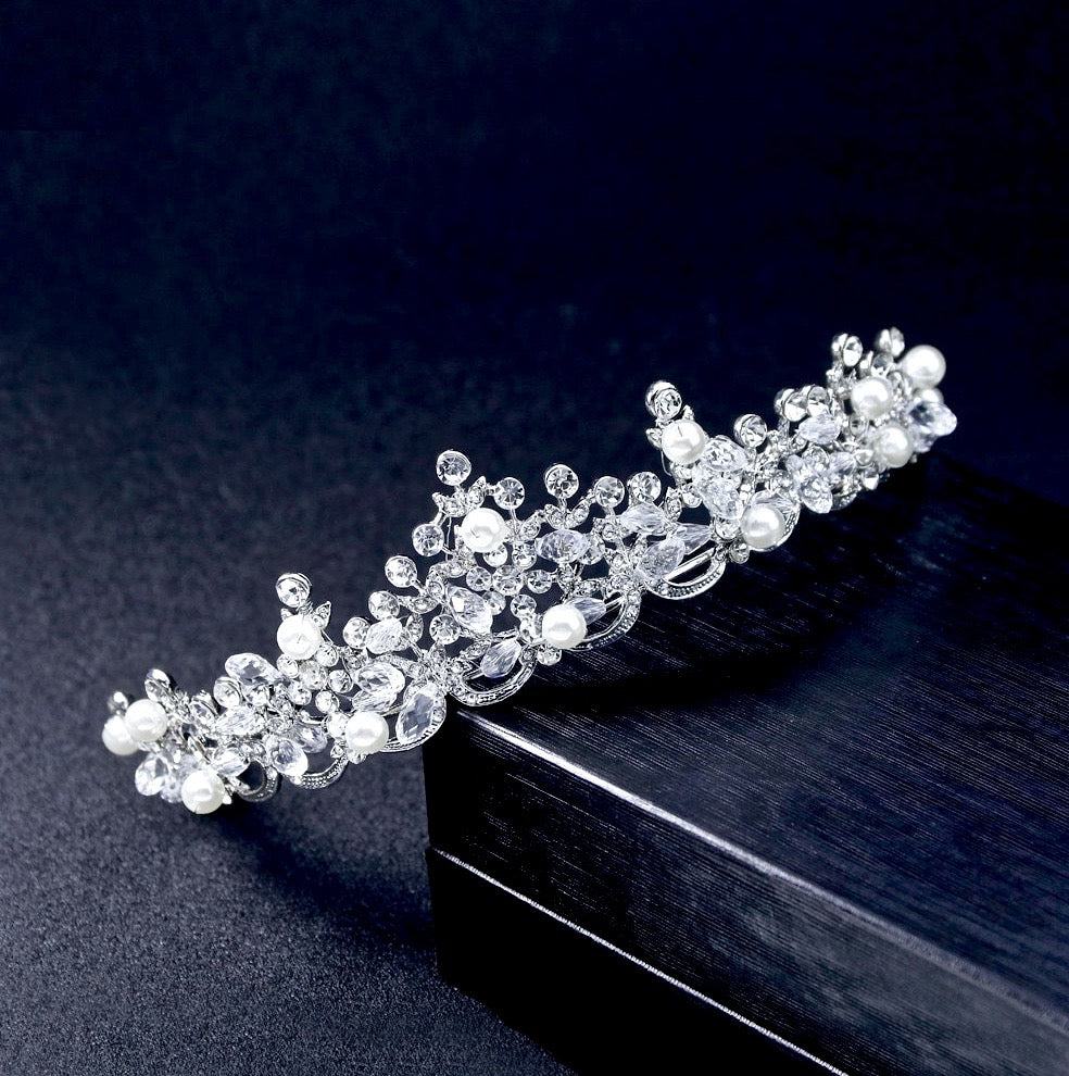 Blanche - Wedding Pearl and Crystal Tiara - Available in Silver, Rose Gold and Yellow Gold
