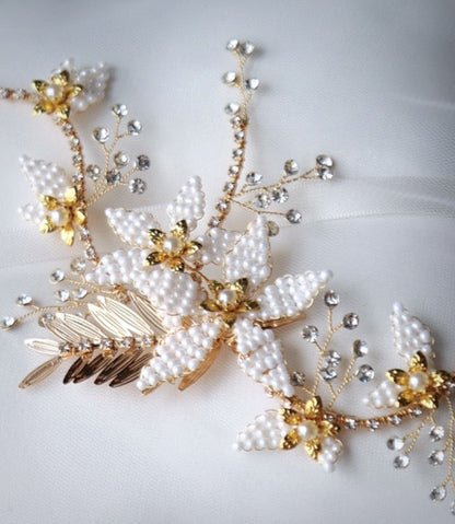 "Cherry" - Gold Pearl Bridal Hair Vine
