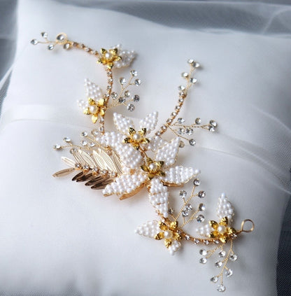 "Cherry" - Gold Pearl Bridal Hair Vine