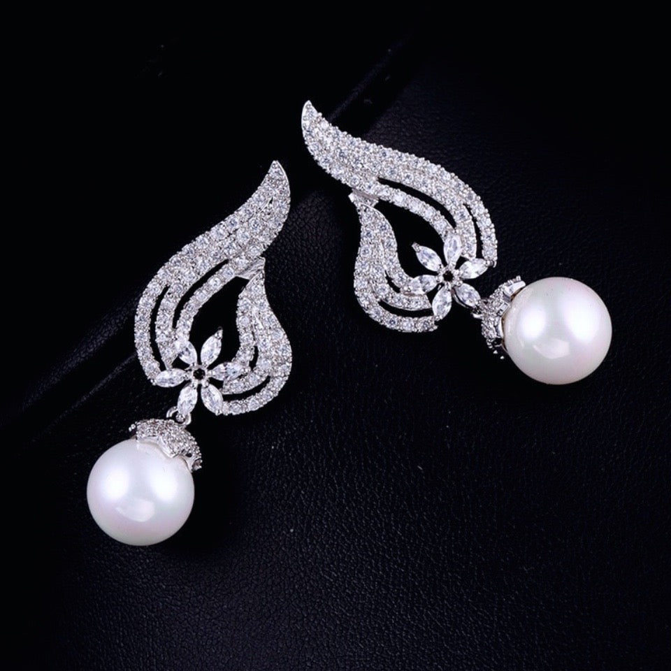 Lavinia - Pearl and Cubic Zirconia Bridal Earrings - Available in Silver, Rose Gold and Yellow Gold