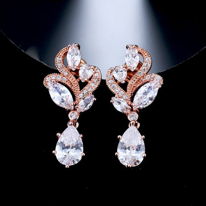 Lotus - Cubic Zirconia Bridal Necklace and Earrings Set - Available in Silver and Rose Gold