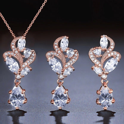 Lotus - Cubic Zirconia Bridal Necklace and Earrings Set - Available in Silver and Rose Gold