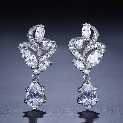 Lotus - Cubic Zirconia Bridal Necklace and Earrings Set - Available in Silver and Rose Gold