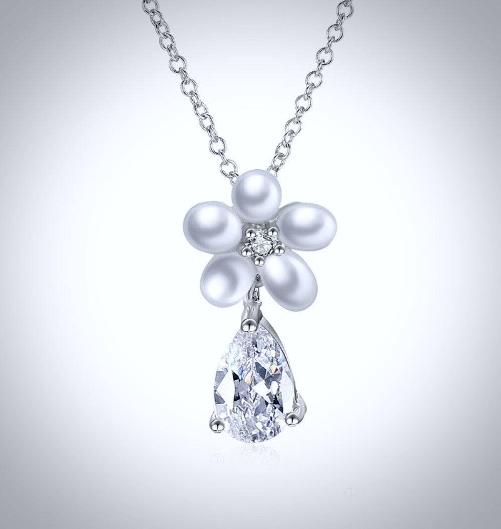 "Beverly" - Pearl and Cubic Zirconia Bridal Necklace and Earrings Set