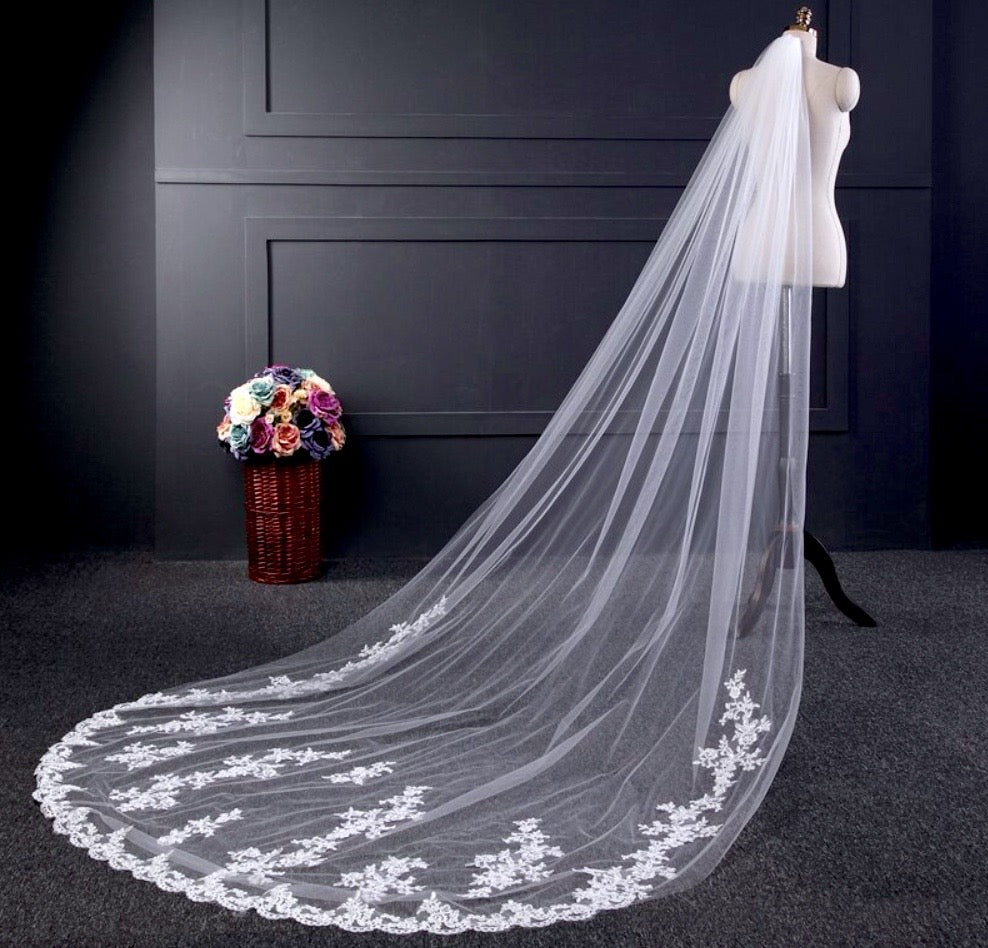 "Hailey" - Lace Edge Cathedral Bridal Veil - Available in White and Ivory