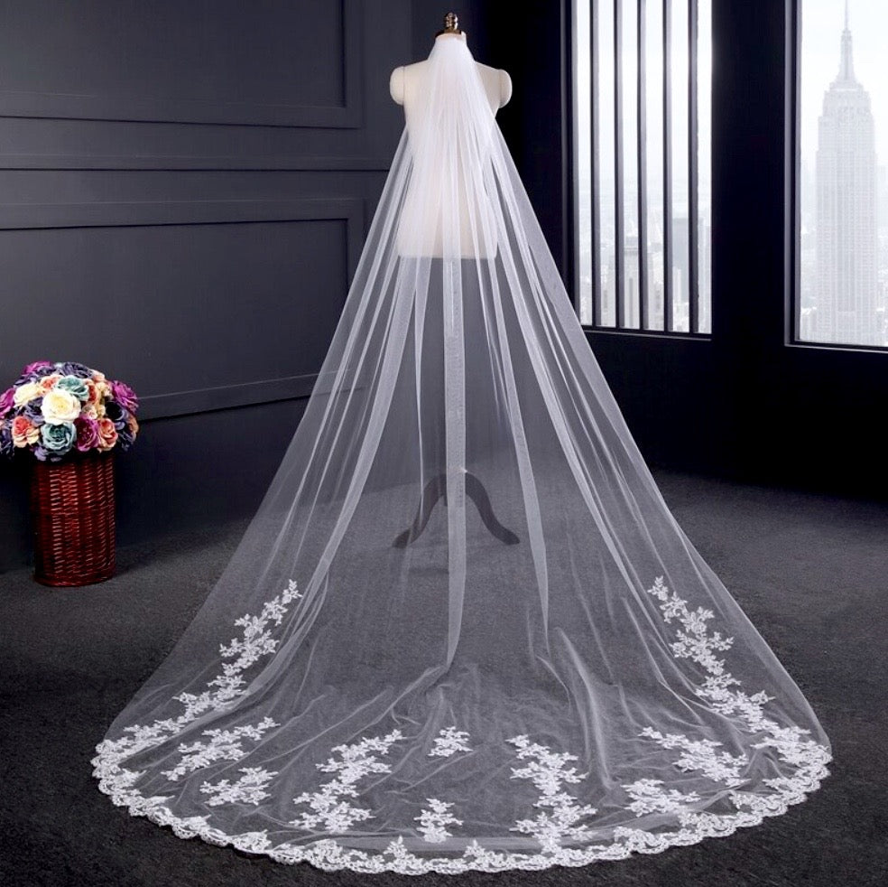 "Hailey" - Lace Edge Cathedral Bridal Veil - Available in White and Ivory