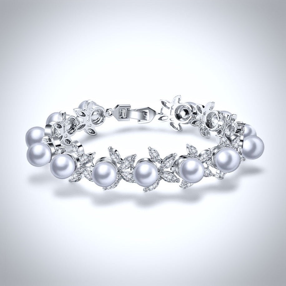 Farrah - Pearl and Cubic Zirconia Bridal Bracelet - Available in Silver, Rose Gold and Yellow Gold