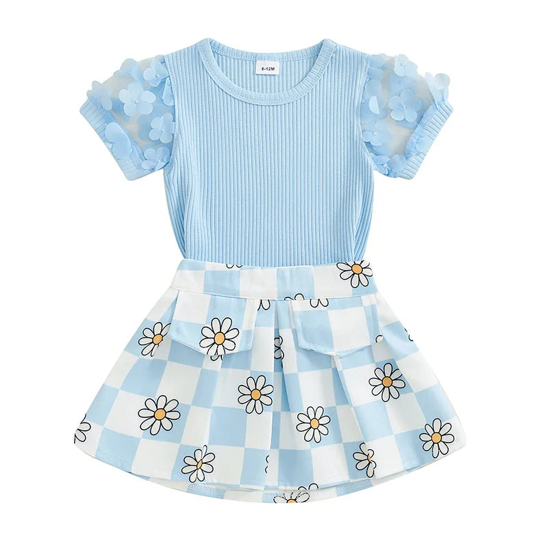 Toddler Kids Girls 2Pcs Summer Outfit Mesh Flower Sleeve Ribbed Top Floral Checker Print Skirt Set