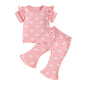 Toddler Kids Girl 2Pcs Summer Outfit Ruffle Short Sleeve Floral Flowers Print Top + Bell Bottom Pants Set Clothes