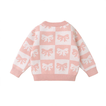 Baby Toddler Girls Sweater Bow Print Contrast Color Checkered Crew Neck Long Sleeve Baby Pullover Fall Top