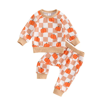 Baby Toddler Boys Girls 2Pcs Halloween Thanksgiving Outfit Checkered Pumpkin Print Long Sleeve Top and Long Pants Set