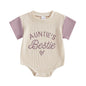 Baby Girl Auntie's Bestie Romper Contrast Color Letter Embroidery Waffle Crew Neck Short Sleeve Jumpsuit