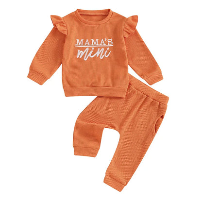 Baby Toddler Girls 2Pcs Set Mama's Mini Letter Embroidered Long Sleeve Ruffled Top Elastic Waist Pockets Long Pants Outfit