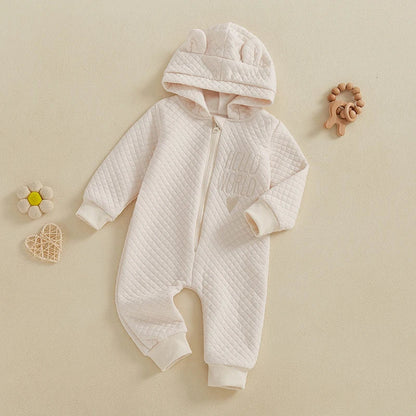 Baby Boys Girls Hello World Jumpsuit Long Sleeve Solid Hooded Hood with Ears Embroidery Letters Zipper Romper Clothes
