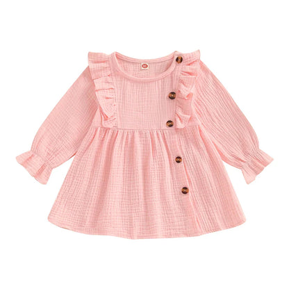 Baby Toddler Girls Autumn A-line Princess Poof Long Sleeve Crewneck Solid Color Button Dress