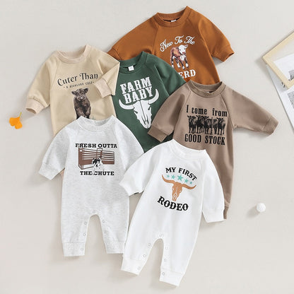 Baby Boy Girl Rompers Western Bull Head Letter Print Long Sleeve Jumpsuit Fall Clothes
