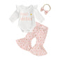 Baby Girls 3Pcs Little Sister Fall Set Frill Sleeve Letter Print Romper Floral Flower Flared Pants Headband Outfit