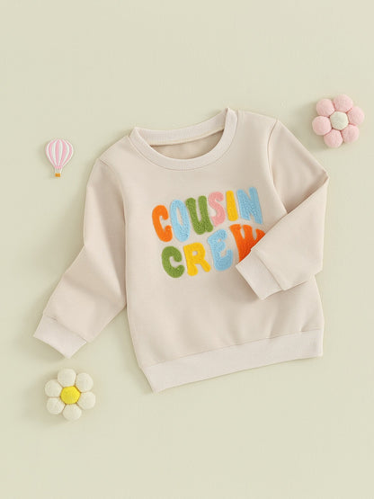 Toddler Baby Kids Boys Girls Fuzzy Letter Embroidery Cousin Crew Matching Long Sleeve Round Neck Pullover Loose Top