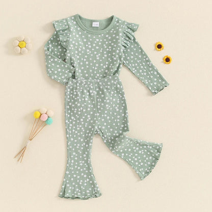Toddler Kids Girls 2Pcs Fall Outfit Ruffle Flower Print Long Sleeve Top + Flare Pants Set