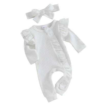 Baby Girl 2Pcs Clothes Ruffle Zipper Romper Long Sleeve Jumpsuit with Bow Headband