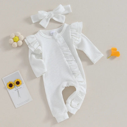 Baby Girl 2Pcs Clothes Ruffle Zipper Romper Long Sleeve Jumpsuit with Bow Headband