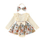 Baby Toddler Girls 2Pcs Fall Outfit Flower Print Ruffle Trim Long Sleeve Romper Dress Skirt Bow Headband Set