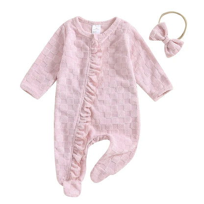 Baby Girls 2Pcs Outfit Frill Trim Long Sleeve Footed Jumpsuit Bow Headband Fall Set