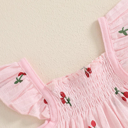 Baby Toddler Girl 2Pcs Shorts Set Cherry Print Fly Sleeve Babydoll Top Elastic Waist Ruffle Shorts Summer Outfit
