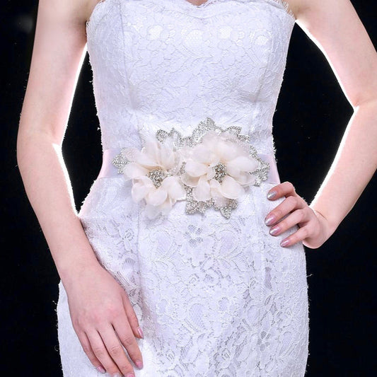 Jenna - Silk Flowers Crystal Bridal Belt/Sash