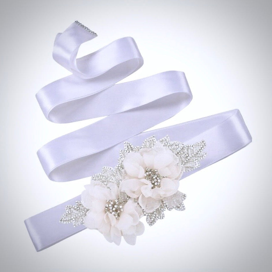 Jenna - Silk Flowers Crystal Bridal Belt/Sash