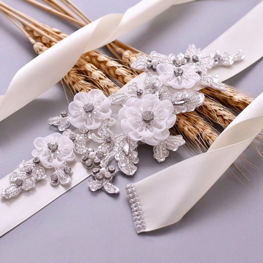 Bernadette - Silk Flowers Crystal and Pearl Bridal Belt/Sash