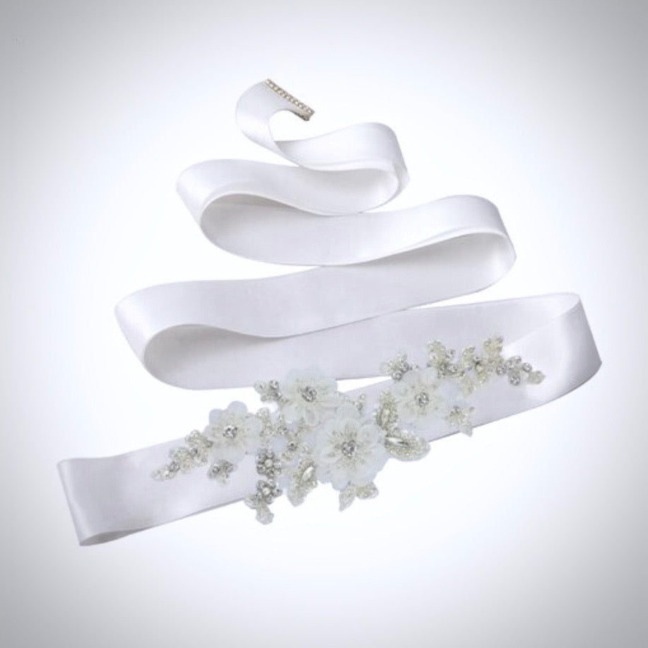 Bernadette - Silk Flowers Crystal and Pearl Bridal Belt/Sash