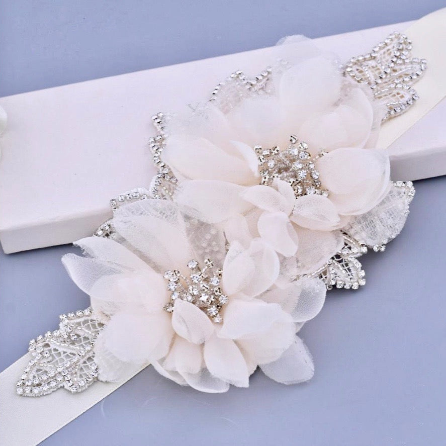 Jenna - Silk Flowers Crystal Bridal Belt/Sash