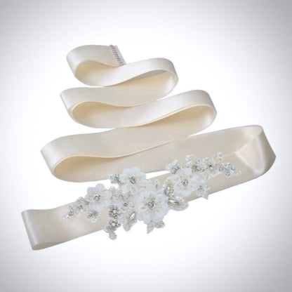 Bernadette - Silk Flowers Crystal and Pearl Bridal Belt/Sash