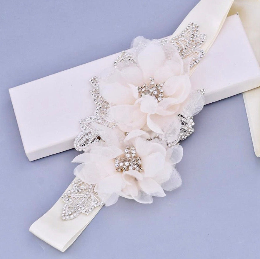 Jenna - Silk Flowers Crystal Bridal Belt/Sash