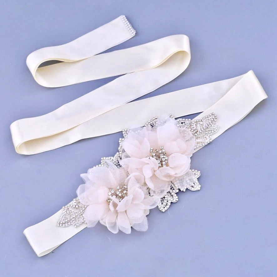 Jenna - Silk Flowers Crystal Bridal Belt/Sash