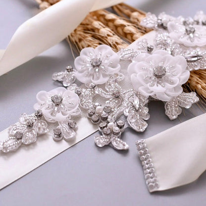 Bernadette - Silk Flowers Crystal and Pearl Bridal Belt/Sash
