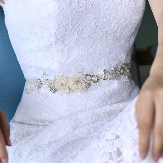 Sarita - Silk Flowers Crystal and Pearl Bridal Belt/Sash
