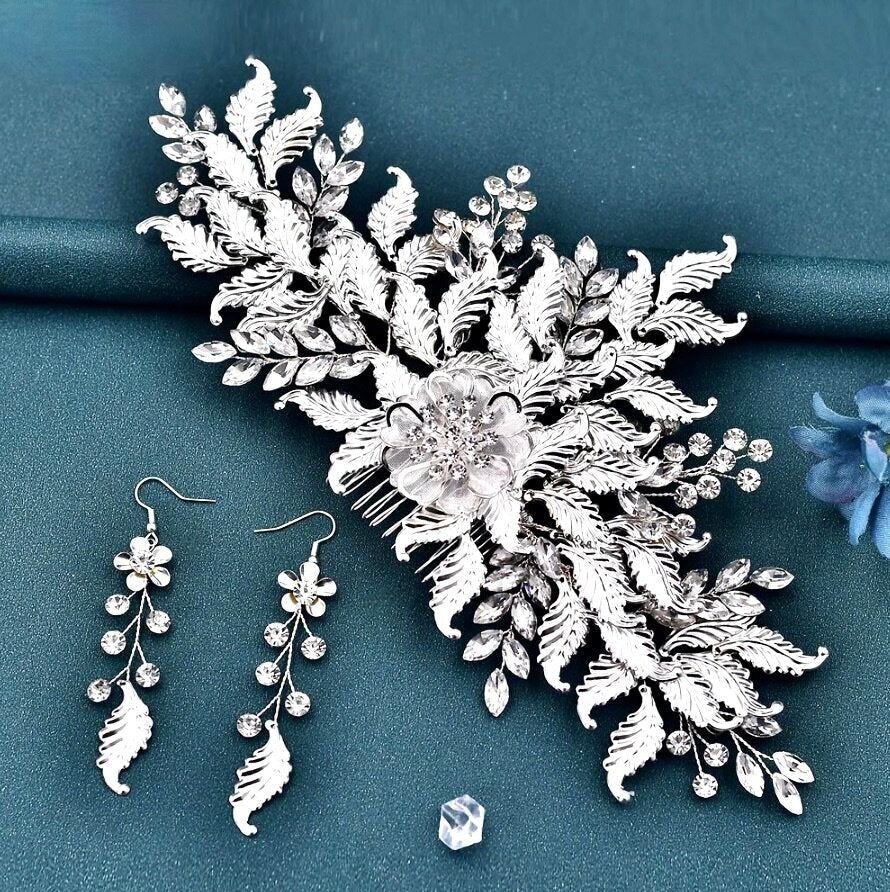 Berry - Silver Crystal Bridal Headdress and Earrings Set