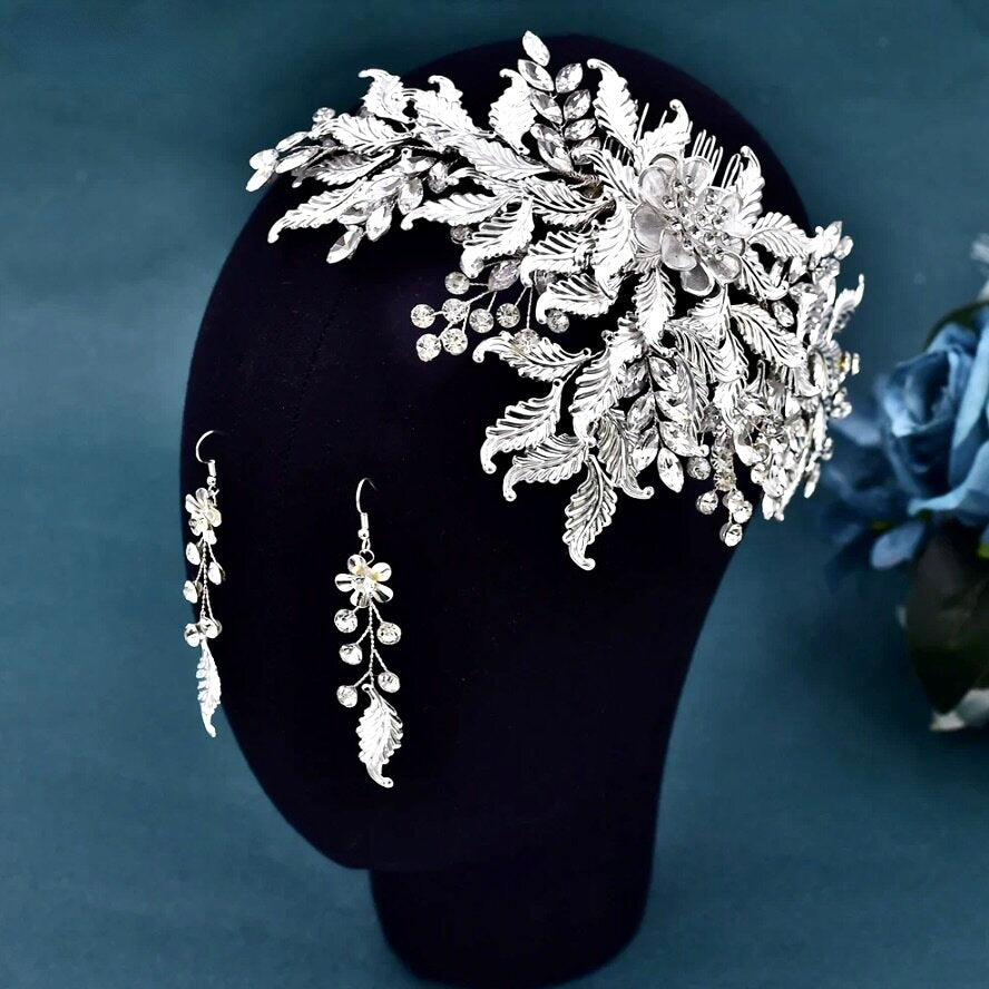 Berry - Silver Crystal Bridal Headdress and Earrings Set